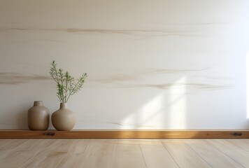 Fototapeta na wymiar Interior of modern living room with marble wall, wooden floor and vase. 3d render