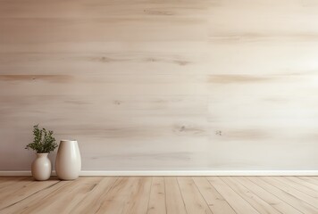 Interior of modern living room with wooden wall and vase. 3d render