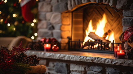 beautifully decorated christmas home with fireplace  - obrazy, fototapety, plakaty