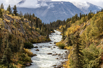 Tutshi River Canada, flowing through forest with mountains and clouds