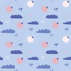 pink sun and blue clouds in the blue sky, blue flowers among the clouds, seamless childish pattern with cloudy sky and sun on a blue background