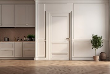 Kitchen interior with white walls, wooden floor, white cupboards and a plant in a vase. 3d rendering mock up