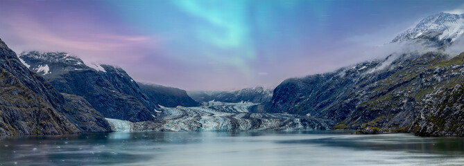 panorama of glacier with northern lights