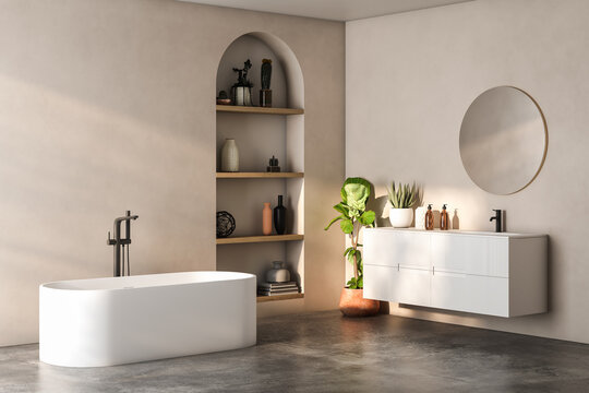 Modern bathroom interior with beige and white walls, shower area, basin with mirror, shelf and grey concrete floor.  3d Rendering