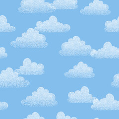 Hand drawn clouds seamless pattern. Blue sky background. Fabric or wrapping paper design