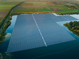 Floating Solar Panels on Lake, Big Solar Farm on Water, Green Sustainable Energy