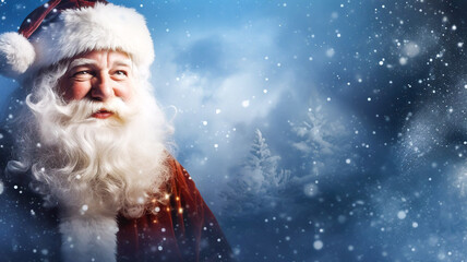 A jolly Father Christmas with a long beard looking into the distance against a blue bokeh background with snow illustration festive Christmas greeting card image