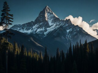 a mountain with trees and snow on top