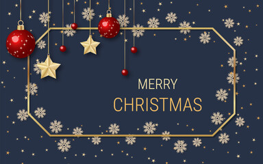 Christmas and New Year luxury vector illustration. Black background with golden stars, snowflakes and frame