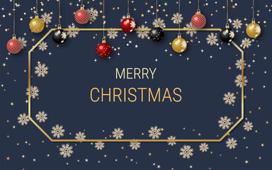 Christmas and New Year luxury vector illustration. Black background with golden stars, snowflakes and frame