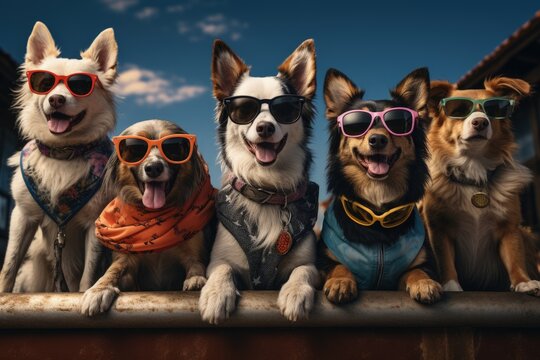 dogs portrait with sunglasses, Funny animals in a group together looking at the camera, wearing clothes, having fun together, taking a selfie, An unusual moment full of fun and fashion consciousness.
