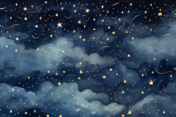 Night sky. Clouds and gold stars.