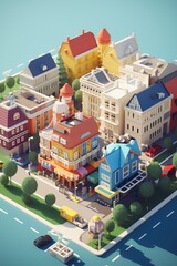 Illlustration of the busy city street with houses and cars.  Isometric style. 