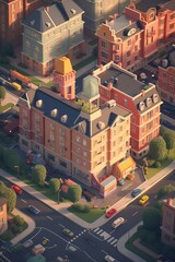 Illlustration of the busy city street with houses and cars.  Isometric style.