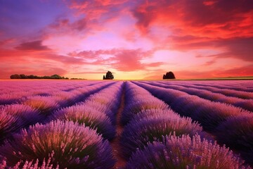 Stunning lavender field under a colorful sky. Generative AI