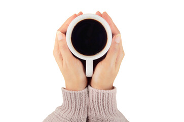Woman's hands holding a cup of coffee top view isolated on transparent background with png.