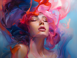 Beautiful girl immersed in cerulean and magenta liquid paint strokes