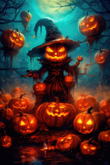 An abandoned scary house next to a cemetery in a forest with pumpkins, a full moon, bats and fog. Pumpkins In The Cemetery On A Creepy Night, on a Halloween background. Generative AI