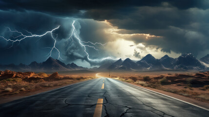 Empty road in stormy desert, landscape with old highway and lightning - obrazy, fototapety, plakaty