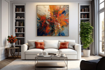 Modern home interior, white living room with abstract painting on wal