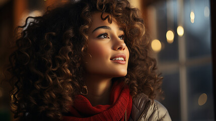 An attractive woman afro with a curly red hairstyle and a smile. - obrazy, fototapety, plakaty