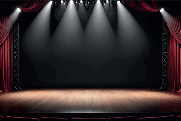 stage with red curtains and smoke. empty stage with red theater stage with red curtains and smoke. - obrazy, fototapety, plakaty