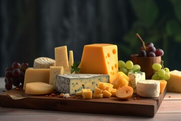 Assortment of cheese on wood tray, with blurred backdrop. Generative AI