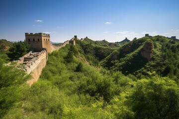 Fototapeta na wymiar The famous China wall resides near Jinshanling on a bright summer day. Generative AI