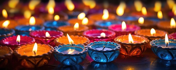 Background with bright colorful clay diya lamps for diwali festival celebration
