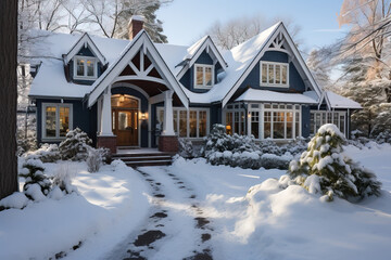Cozy suburb estate with shining windows and path with trees in the yard in front of the house in the winter twilight