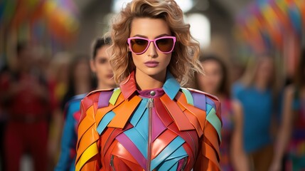 A modern, sustainable fashion show featuring models showcasing 80s fashion.