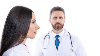 Medicine doctor team. medical and healthcare workers in hospital isolated on white. two doctors represent medicine service. Health insurance. healthcare and medicine. selective focus