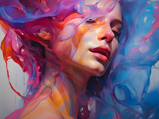Beautiful girl immersed in cerulean and magenta liquid paint strokes