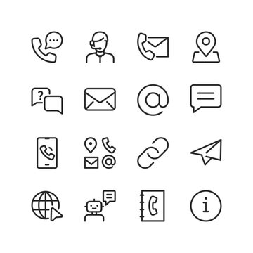 Contact us, linear style icons set. Contacting the business and whether the company. Options for contacting support. Consultation and question answering. Editable stroke width