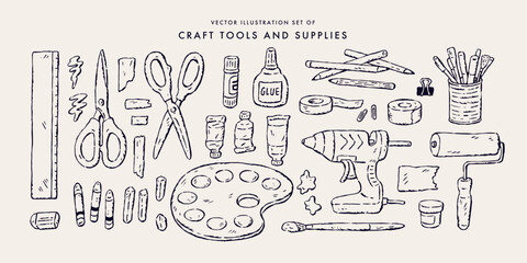 Set of illustrations of tools and supplies for crafts. Sketch style illustrations. Hand-drawn vector illustrations.
