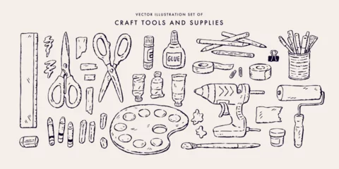 Foto op Canvas Set of illustrations of tools and supplies for crafts. Sketch style illustrations. Hand-drawn vector illustrations. © misookada