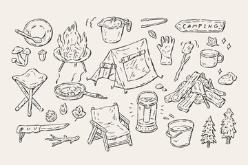 Obraz premium Forest camping and outdoor adventure illustration set. Hand drawn style vector illustrations. Campfire, tent, camping chairs, camping food, lantern.