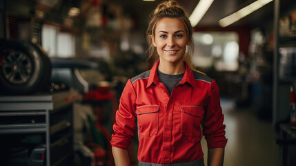 Young professional mechanic woman representing expertise and friendliness in an auto repair shop.