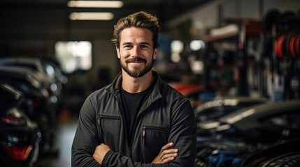 Young professional mechanic master representing expertise and friendliness in an auto repair shop.