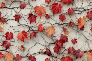 seamless pattern of red leaves on a white wall - texture for backgrounds