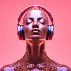 futuristic shiny holographic head of a woman with headphones, pink fluid metal
