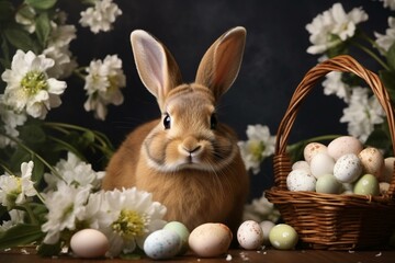 Fototapeta na wymiar Brown rabbit with eggs and white flowers. Generative AI