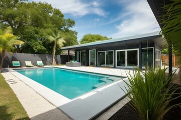Stylish contemporary home with sparkling backyard pool. Generative AI