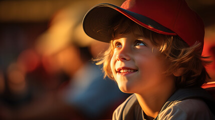 Young boy excitedly waiting as he prepares for the baseball game. - obrazy, fototapety, plakaty