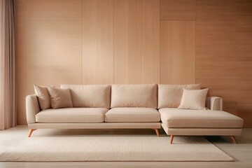 Beige corner sofa in living room with wood paneling