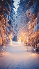 A snowy path lined with trees covered in snow