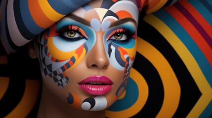 A close up of a woman's face with colorful makeup