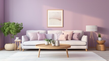 A living room with a white couch and purple walls