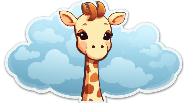 A cartoon giraffe with a cloud in the background