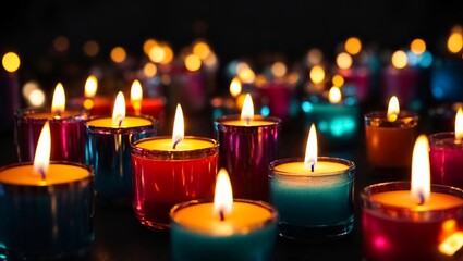Light in the Dark: Multicolored candles in a dark room